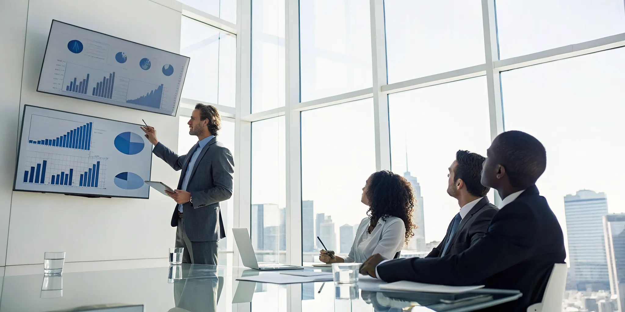 A sales performance consultant analyzes data with a team to improve sales.