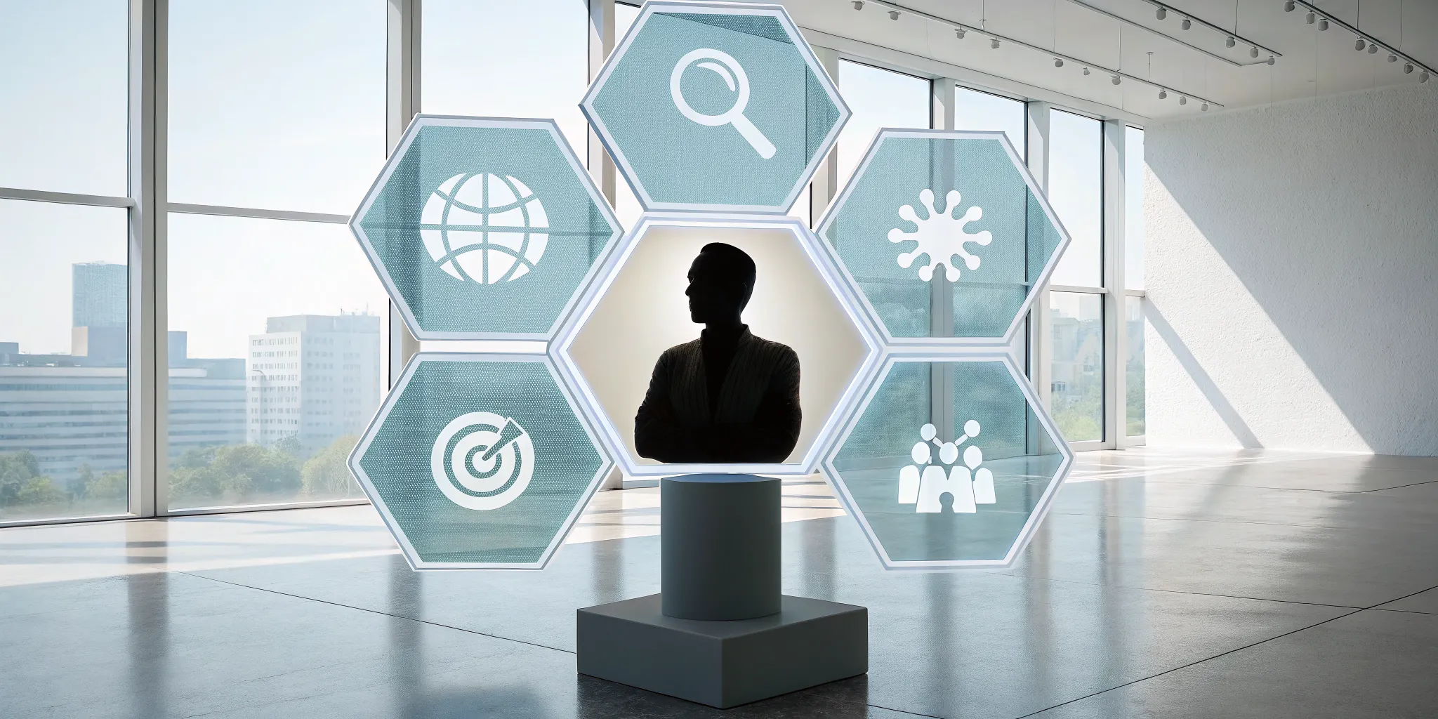 A person analyzing data icons to build an ideal customer profile.