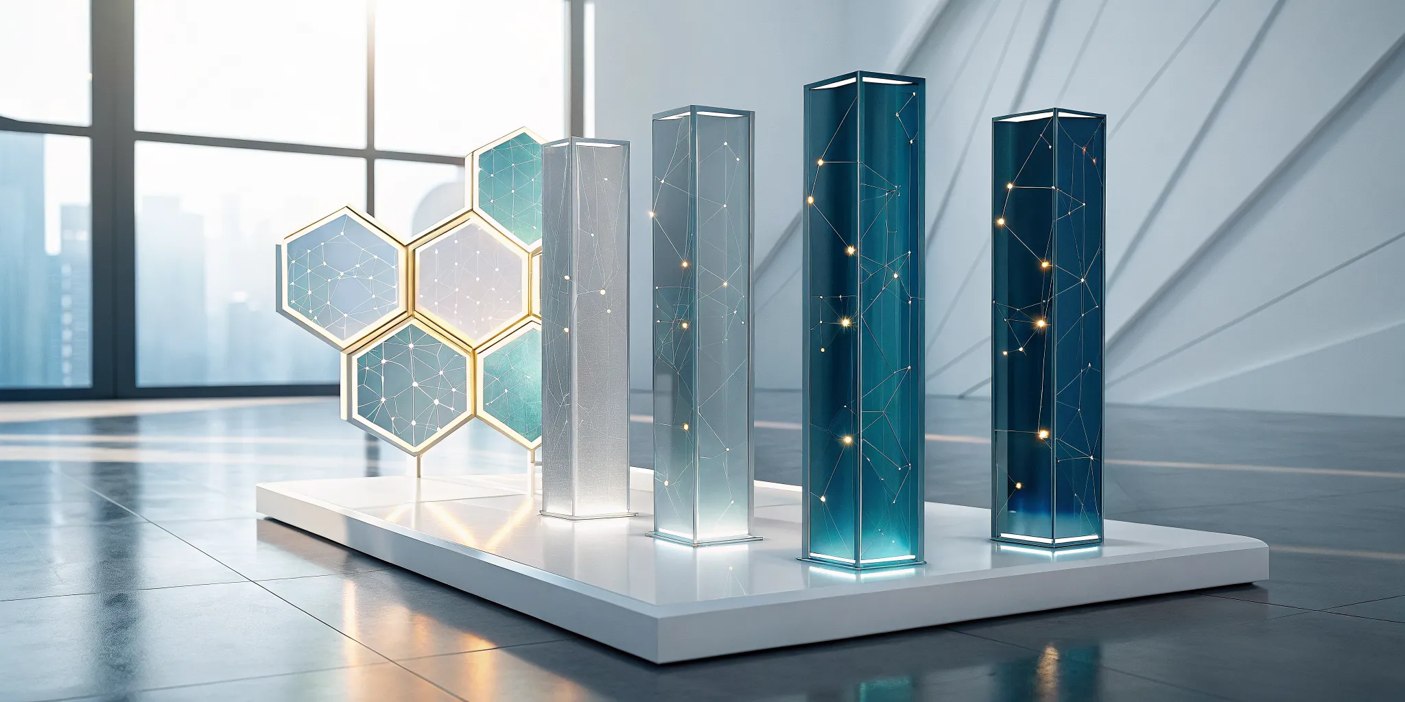 Visualization of the MEDDIC sales framework with connected pillars and hexagons.