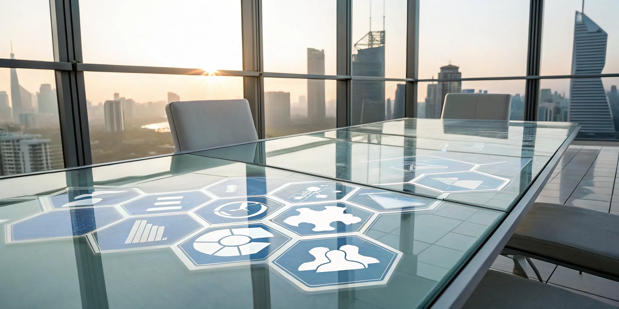 Conference table with icons and symbols for the MEDDIC sales methodology.