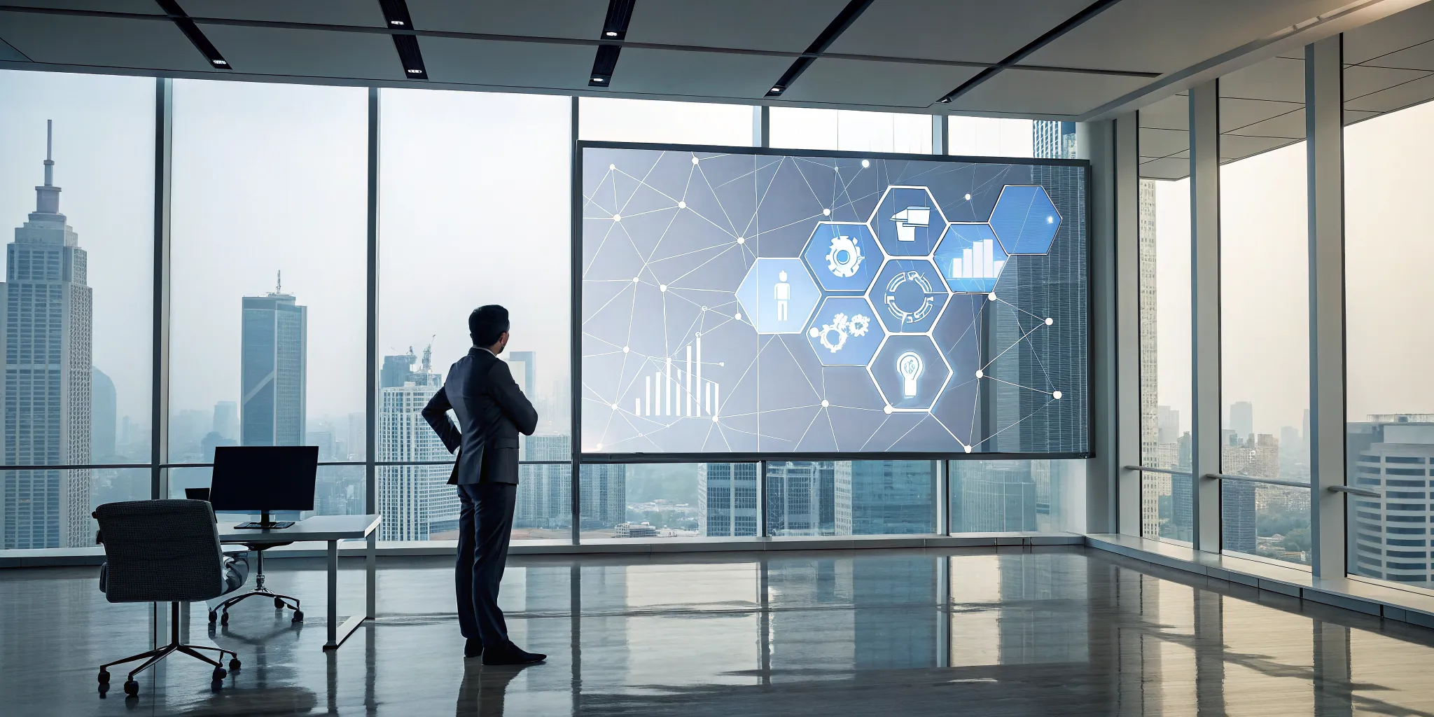 Sales leader analyzing a sales pipeline on a screen using the MEDDIC training methodology.