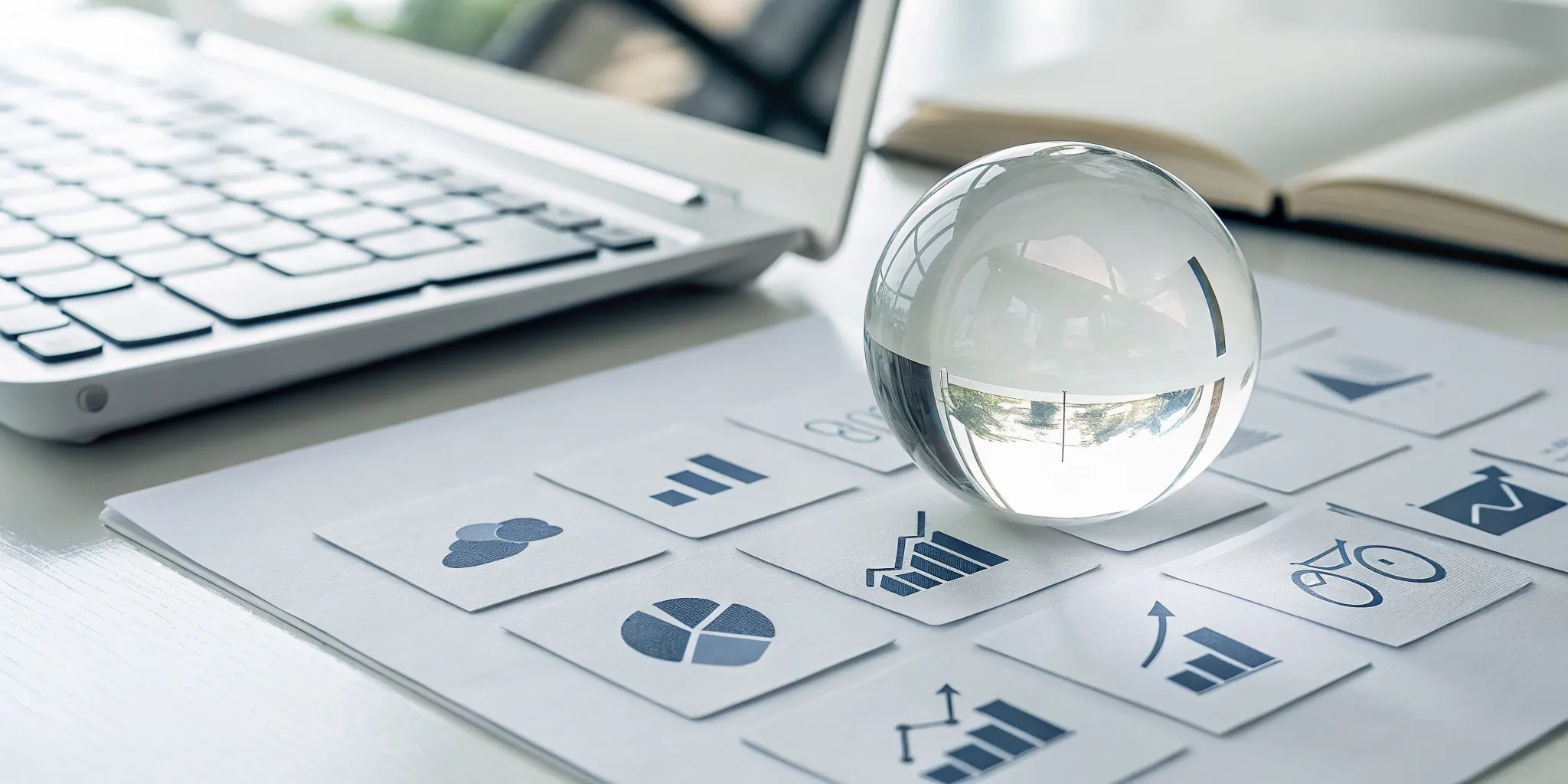 A crystal ball on sales analytics charts for forecasting with the MEDDPICC sales methodology.