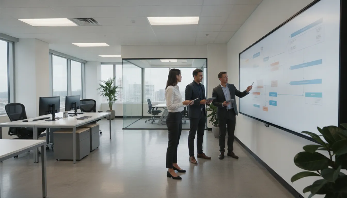 Professional team collaborating on legal and compliance whiteboard mapping
