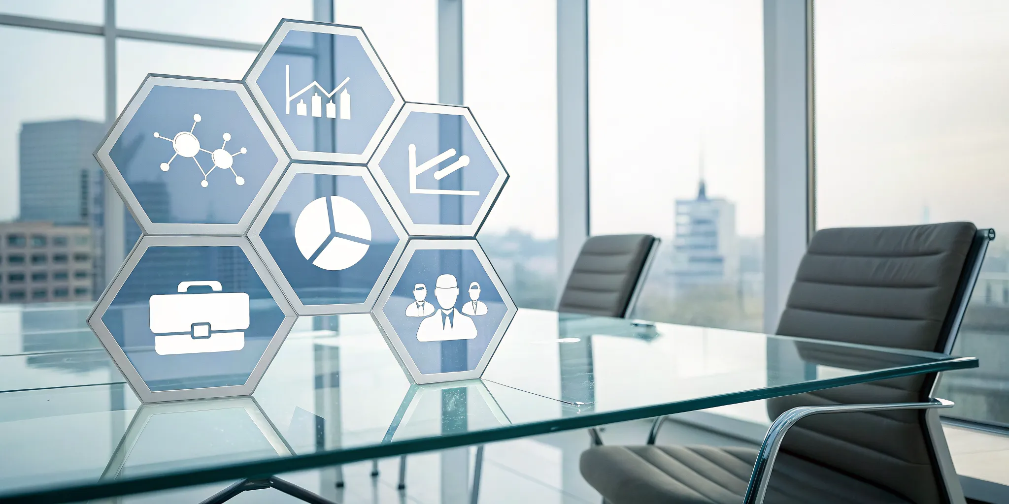 Hexagonal icons on a table representing the MEDDIC sales qualification process.