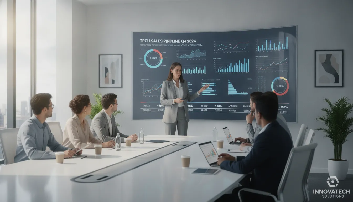 A corporate sales meeting where a sales champion presents tech pipeline data on a modern office screen
