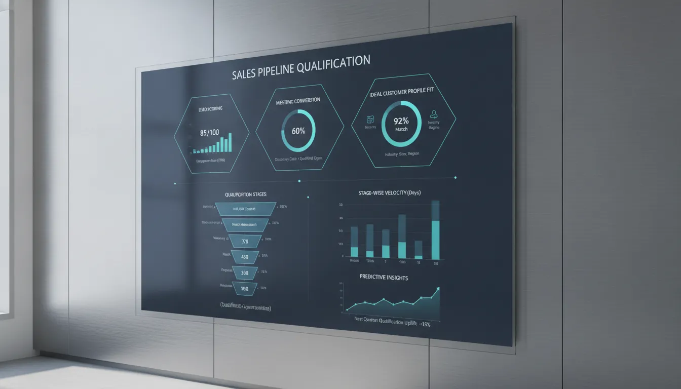 A professional B2B sales dashboard showing pipeline qualification metrics with clean, modern tech aesthetics