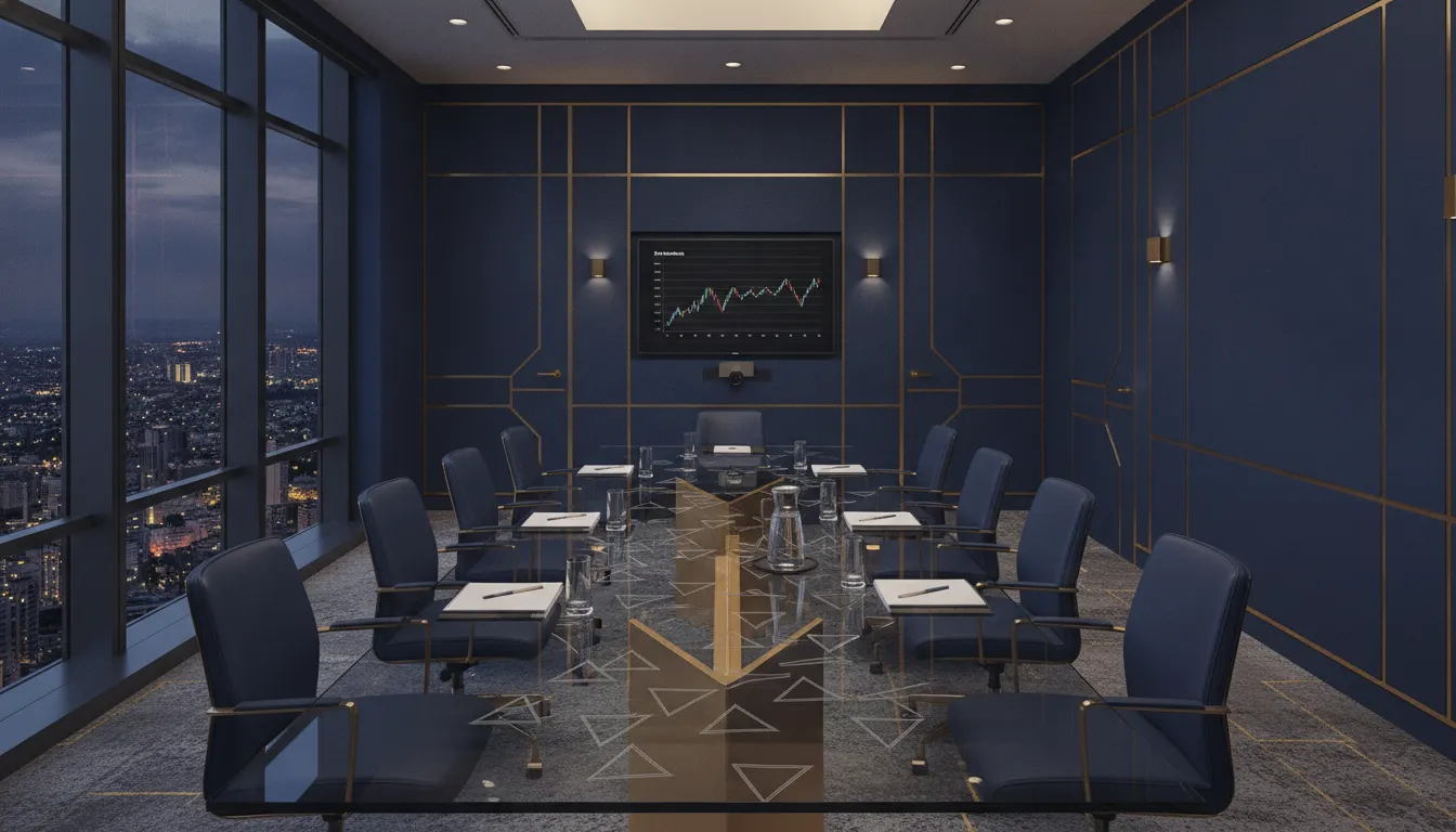 Modern B2B enterprise sales boardroom with navy blue and gold accents