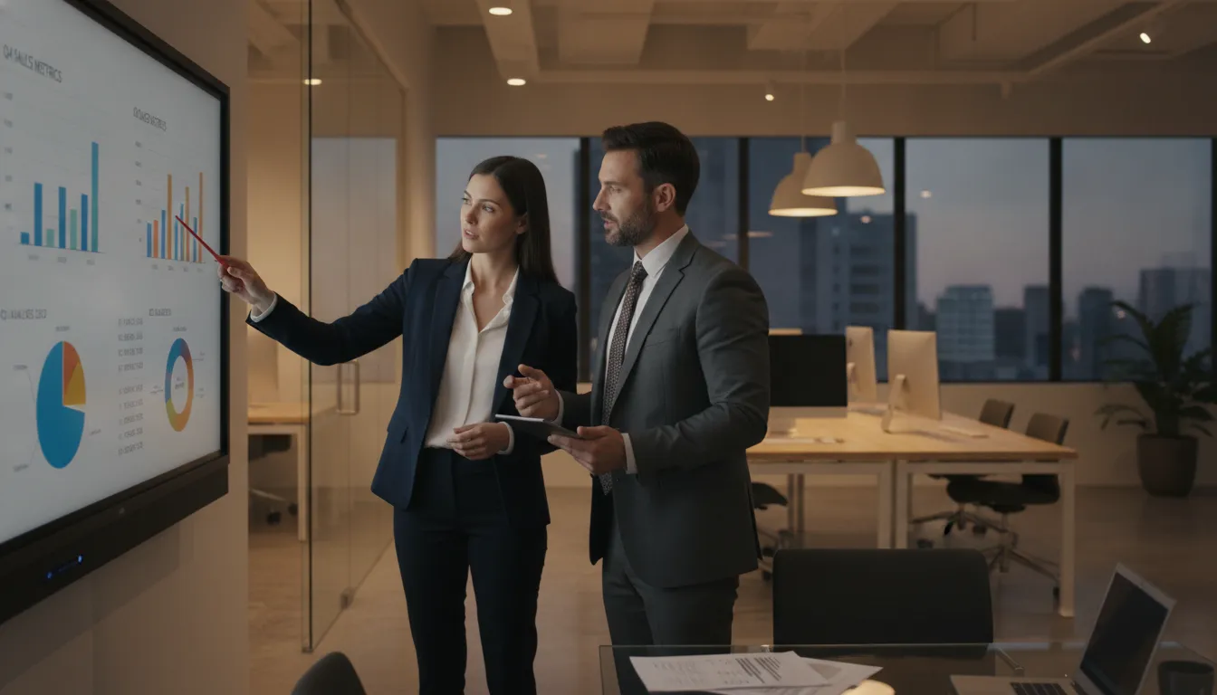 Sales consultant and executive reviewing business metrics on a whiteboard in a modern office