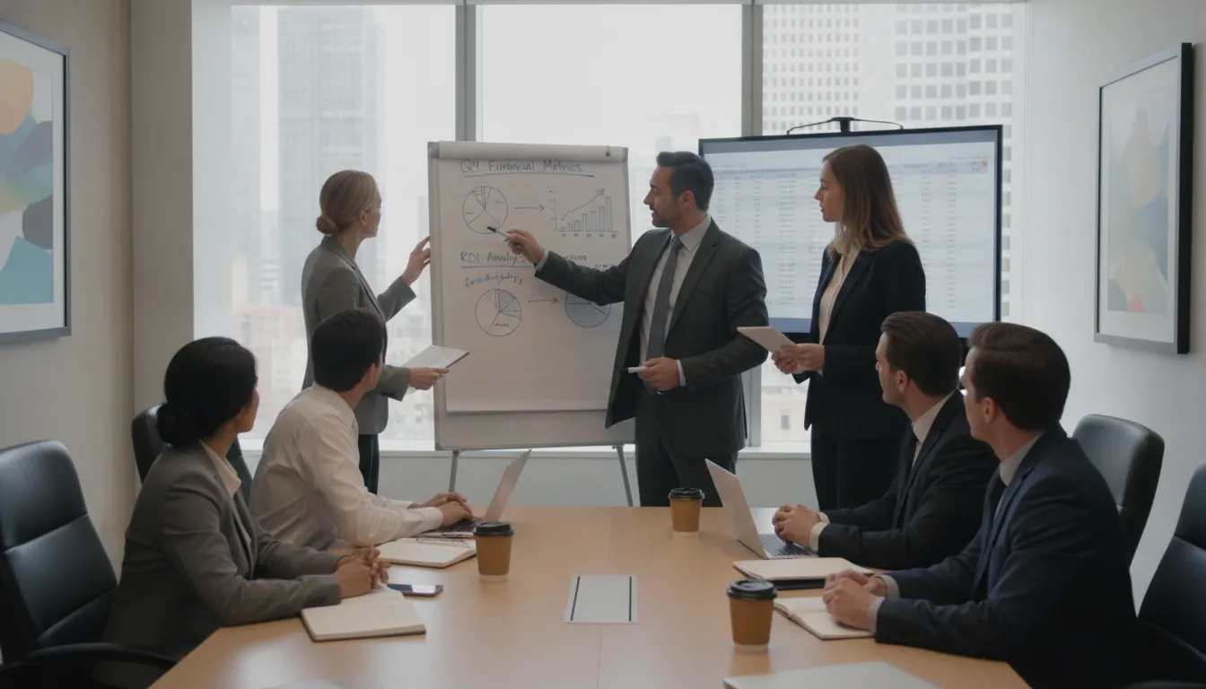 Enterprise sales team reviewing financial metrics on a whiteboard in a modern office