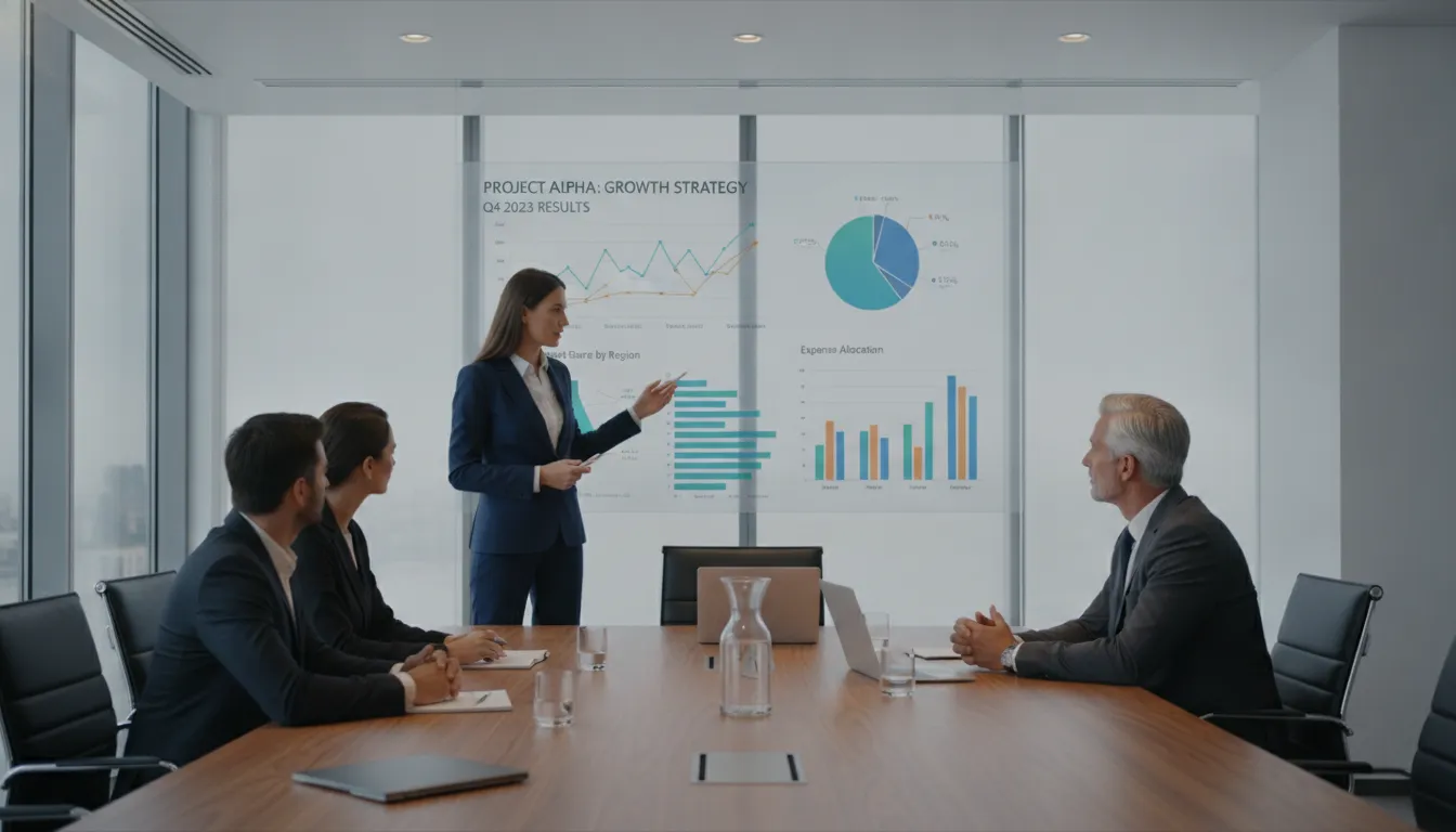Business executive reviewing data charts and ROI projections during a sales presentation