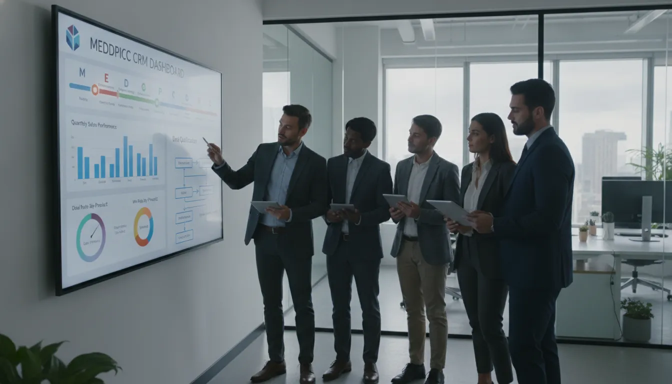 Sales team reviewing MEDDPICC deal qualification data on a CRM dashboard