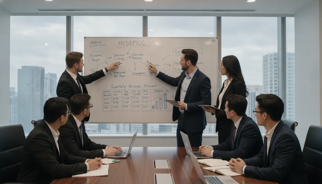 Enterprise sales team analyzing MEDDPICC qualification metrics on a whiteboard