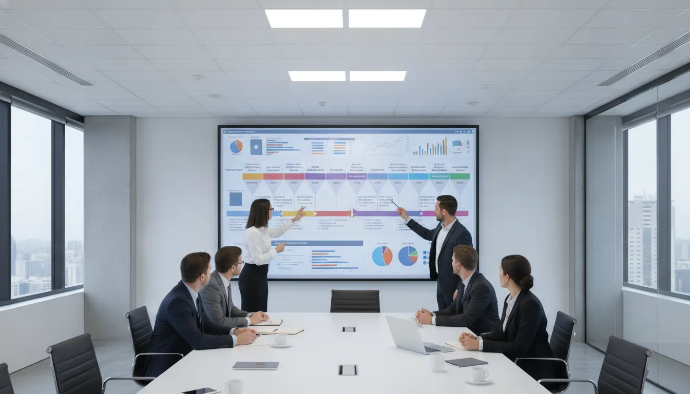 B2B sales team reviewing a structured pipeline with conversion gates on a digital whiteboard