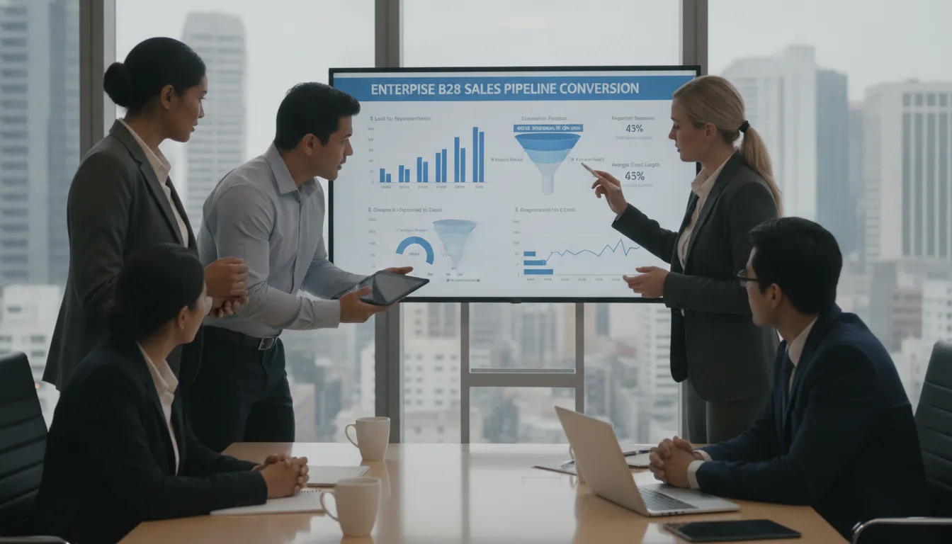 Sales team reviewing a pipeline conversion gate scorecard on a whiteboard in a modern office