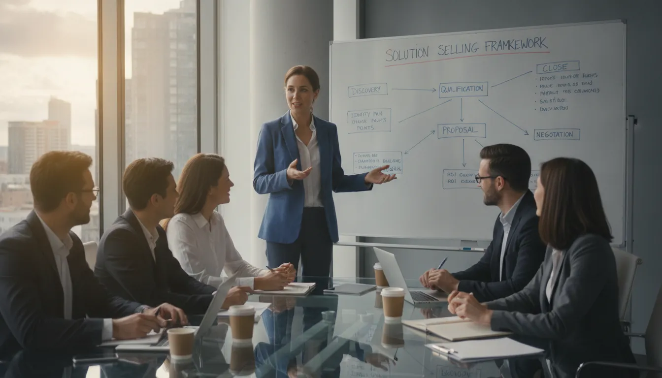 Sales leader coaching a B2B technology sales team in a modern office with a whiteboard