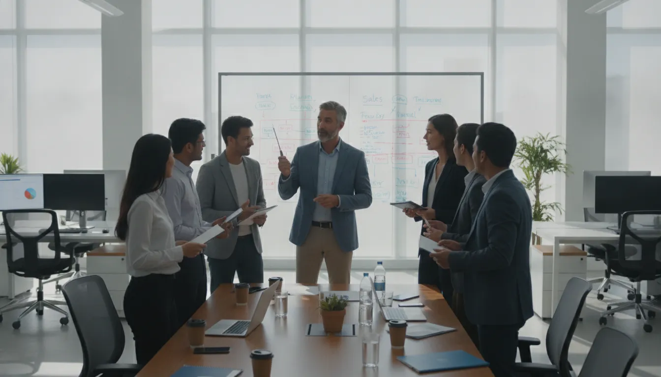 An experienced sales enablement consultant leading a strategy discussion with a B2B tech sales team around a whiteboard in a modern office