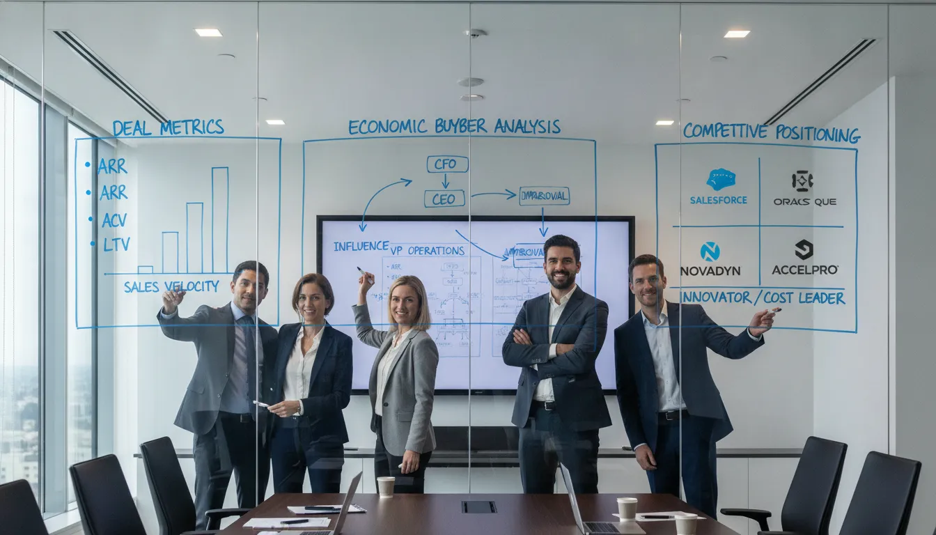 B2B sales team reviewing enterprise deal qualification framework in a modern conference room