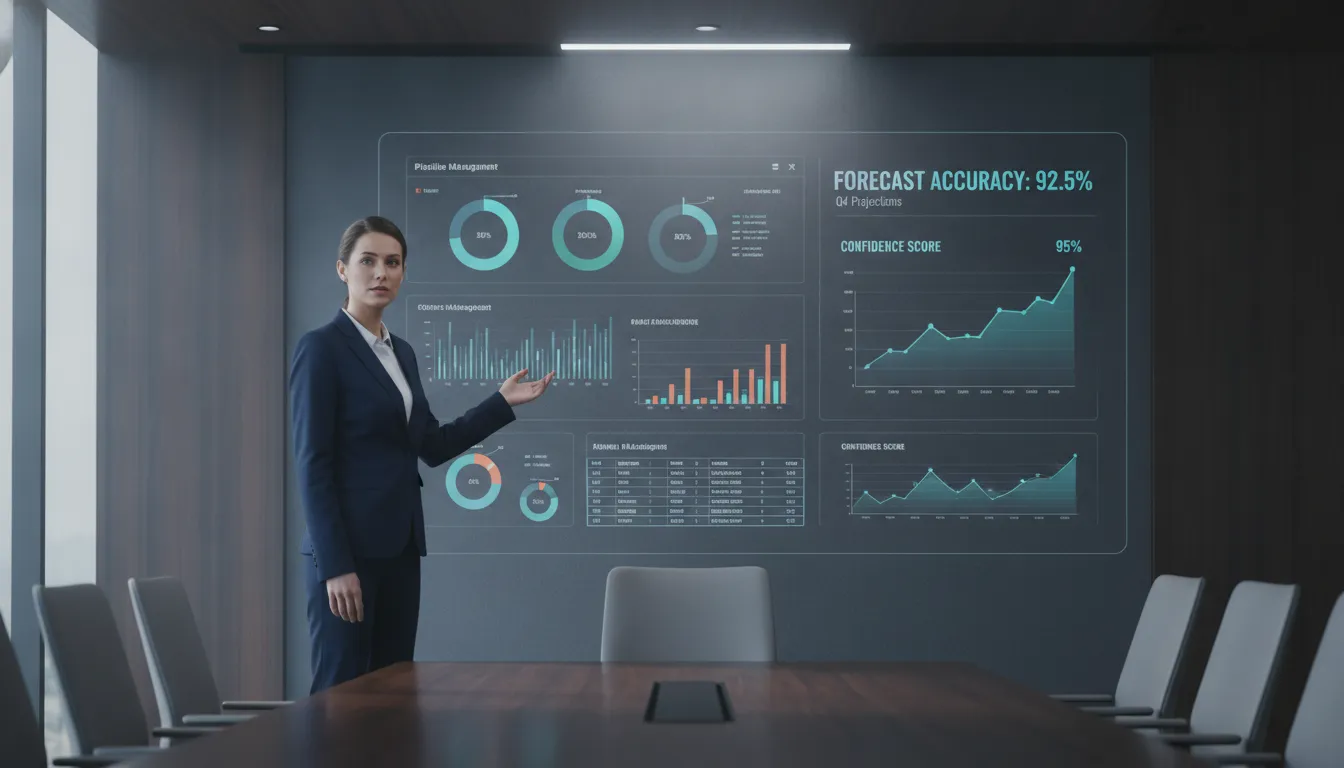 Sales leader reviewing forecast accuracy metrics on a digital dashboard in a modern boardroom