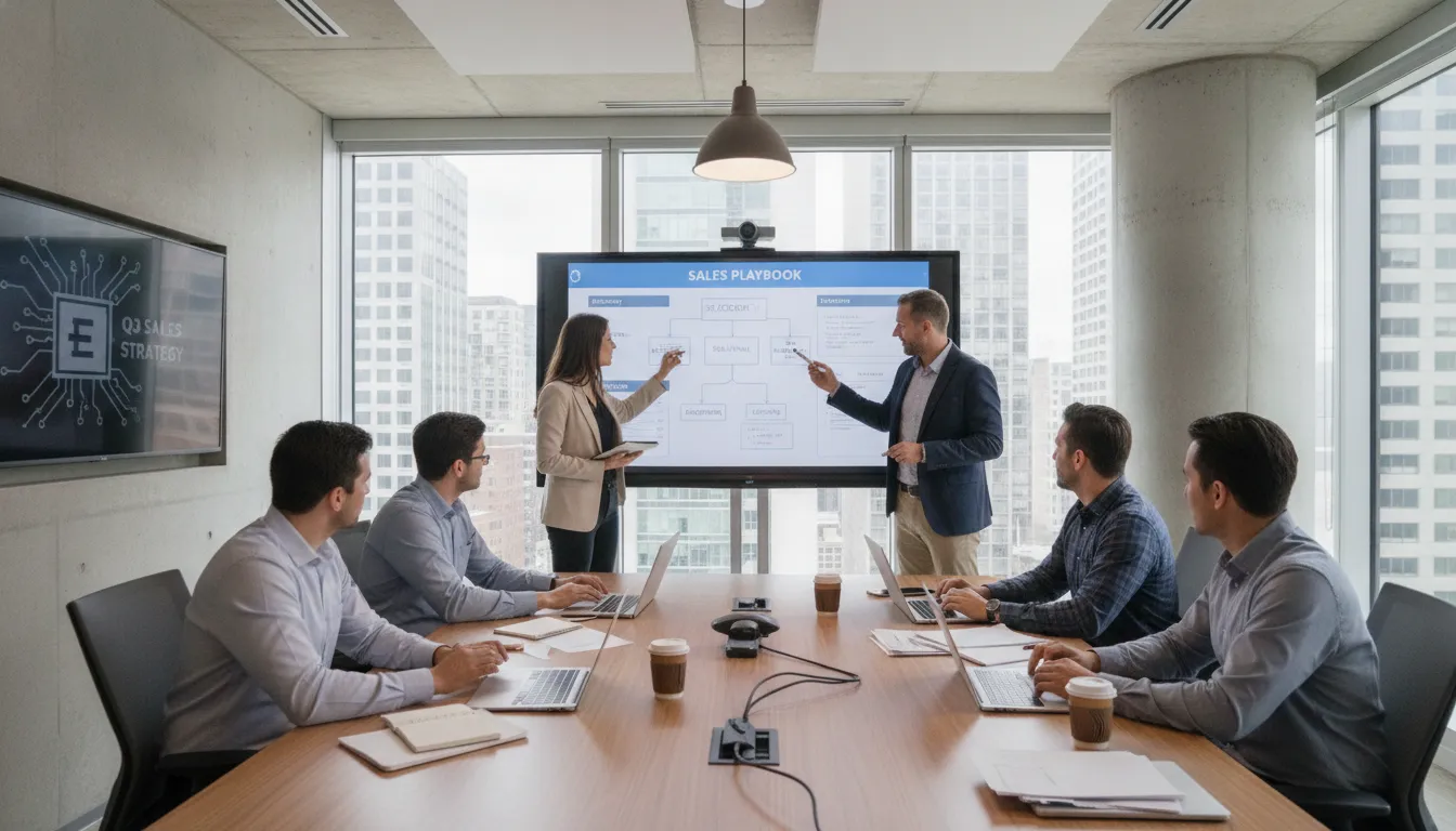 Enterprise sales team collaborating on a sales playbook during a live coaching session in a modern boardroom