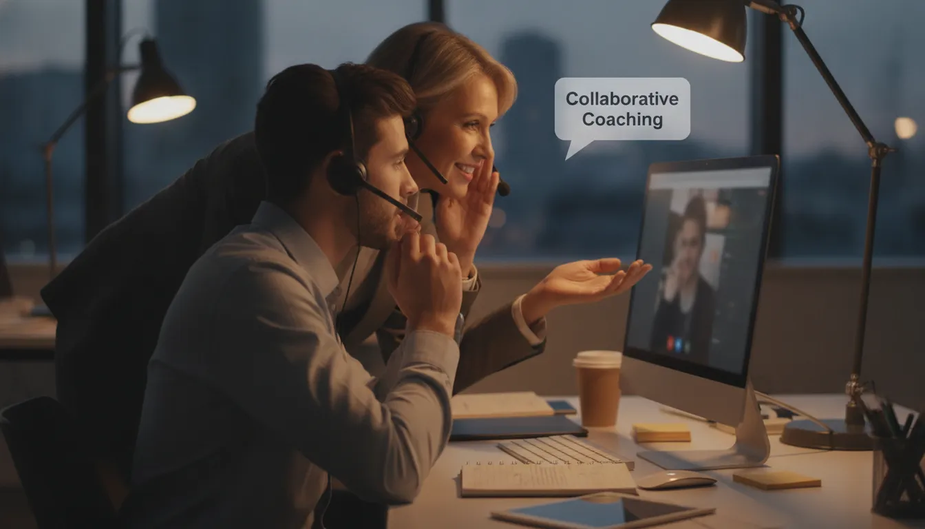 Sales coach working alongside a sales rep during a live customer conversation in a modern office