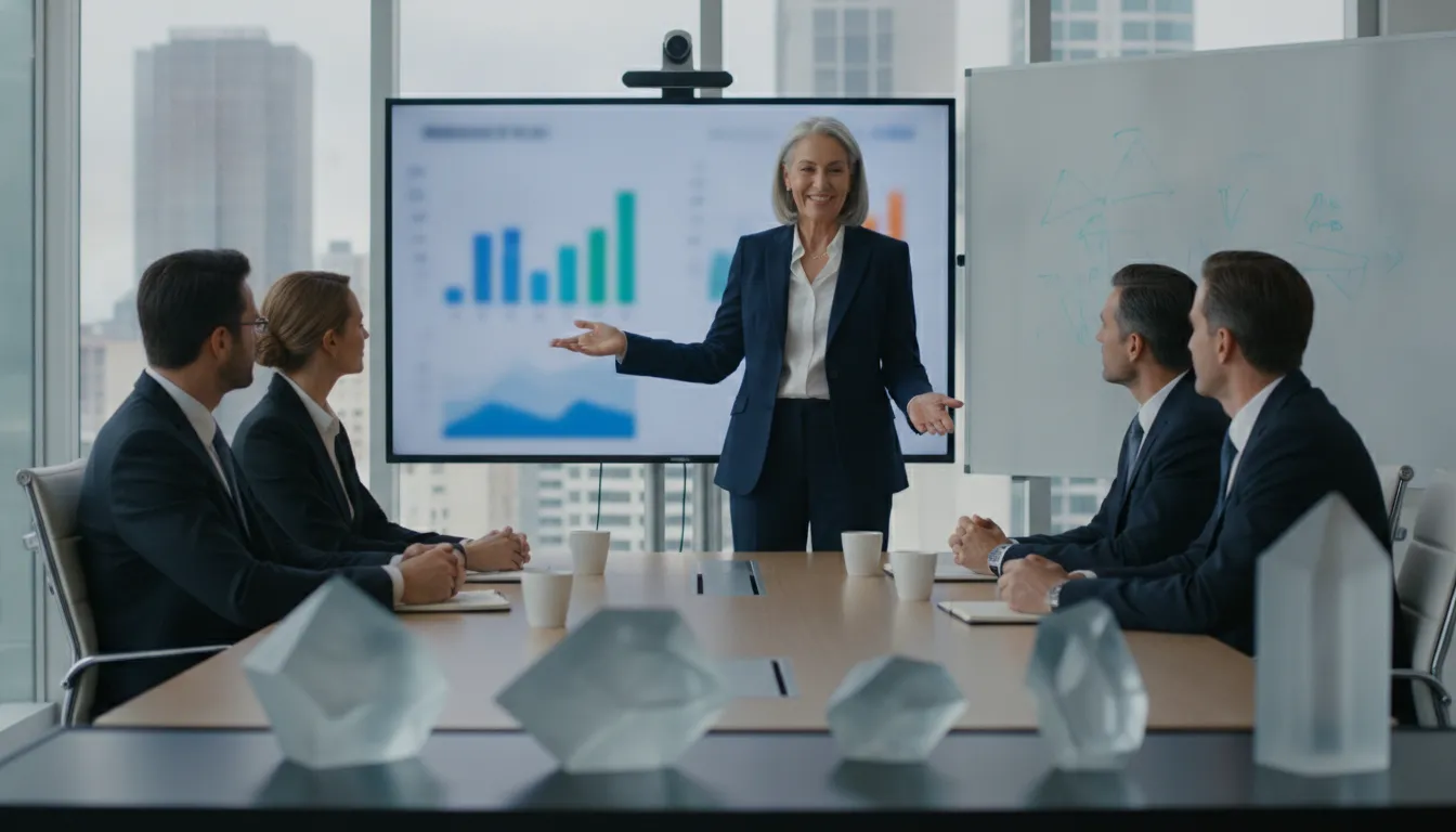 Senior sales executive presenting revenue performance dashboard to board members in a conference room