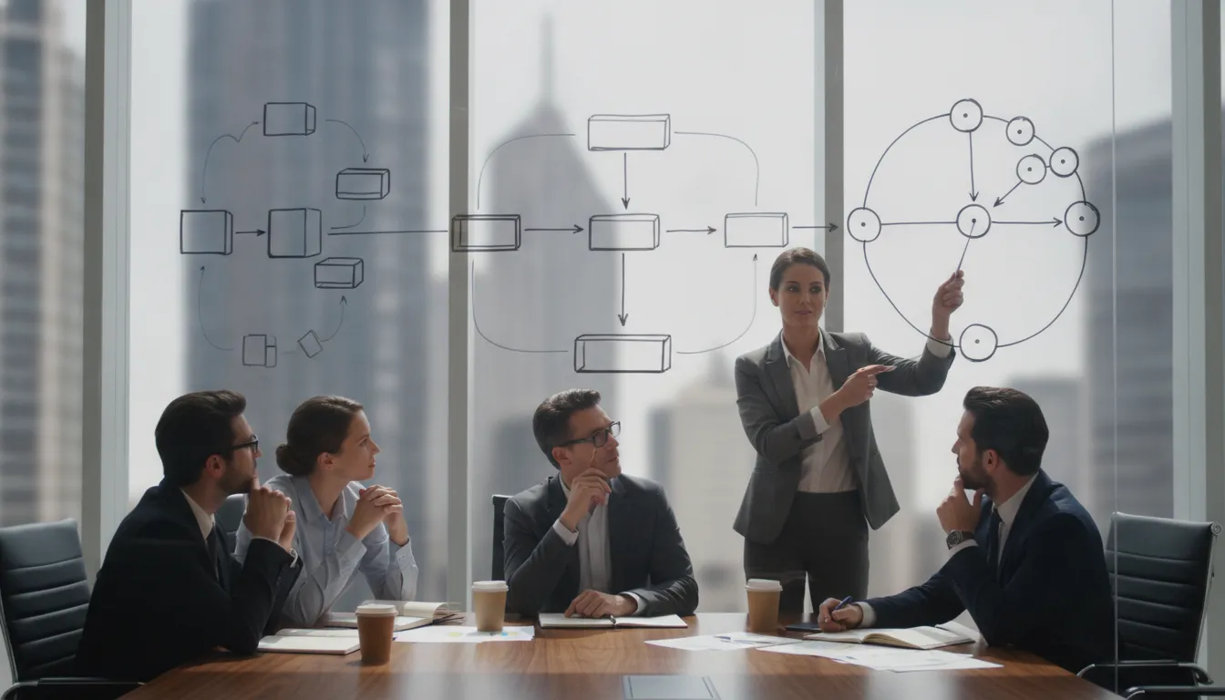 Enterprise B2B sales team analyzing deal strategy in a boardroom