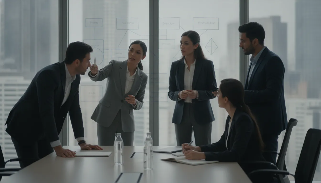 Senior B2B sales professionals in a modern conference room reviewing a deal pipeline on a whiteboard, collaborative energetic atmosphere