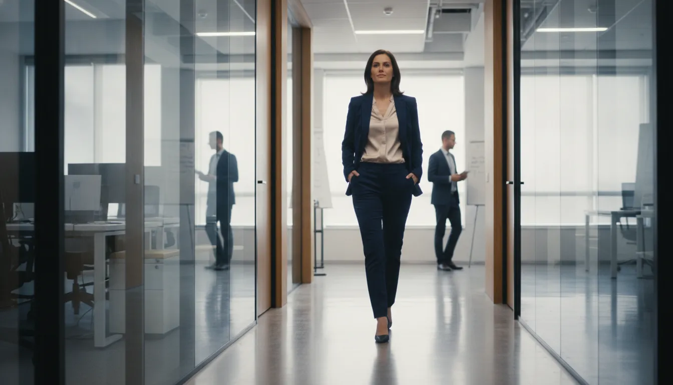 Enterprise sales leader walking through a modern office hallway, professional confident stride