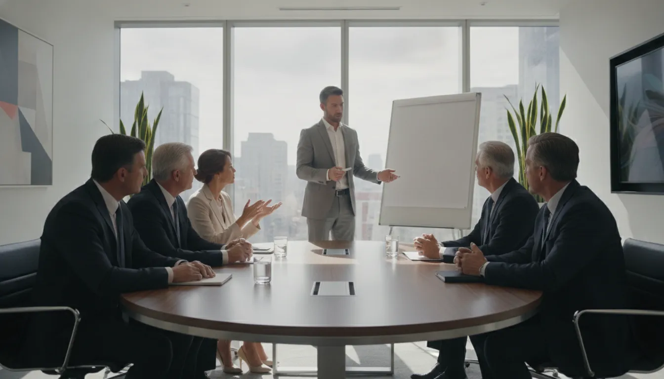 B2B sales team in a modern boardroom engaged in strategic discovery conversation