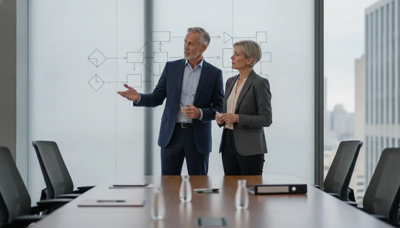 Two senior B2B sales professionals discussing a framework in a modern tech company boardroom