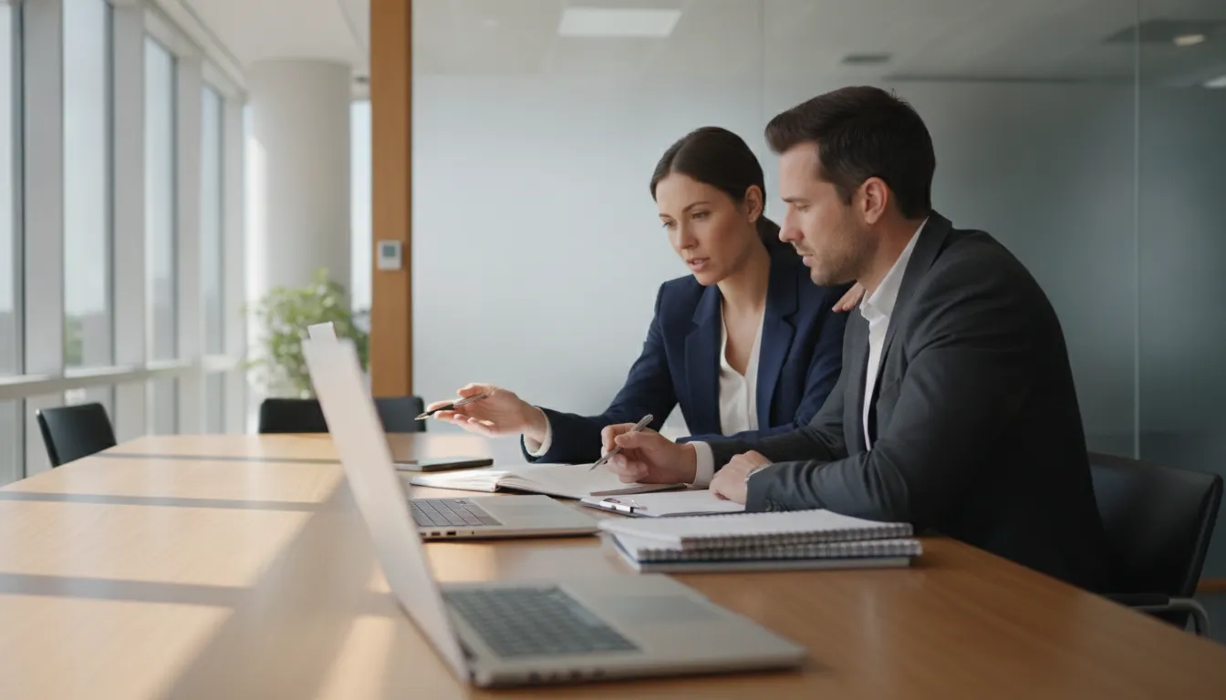 Two sales professionals reviewing and qualifying a MEDDIC discovery conversation in a bright boardroom