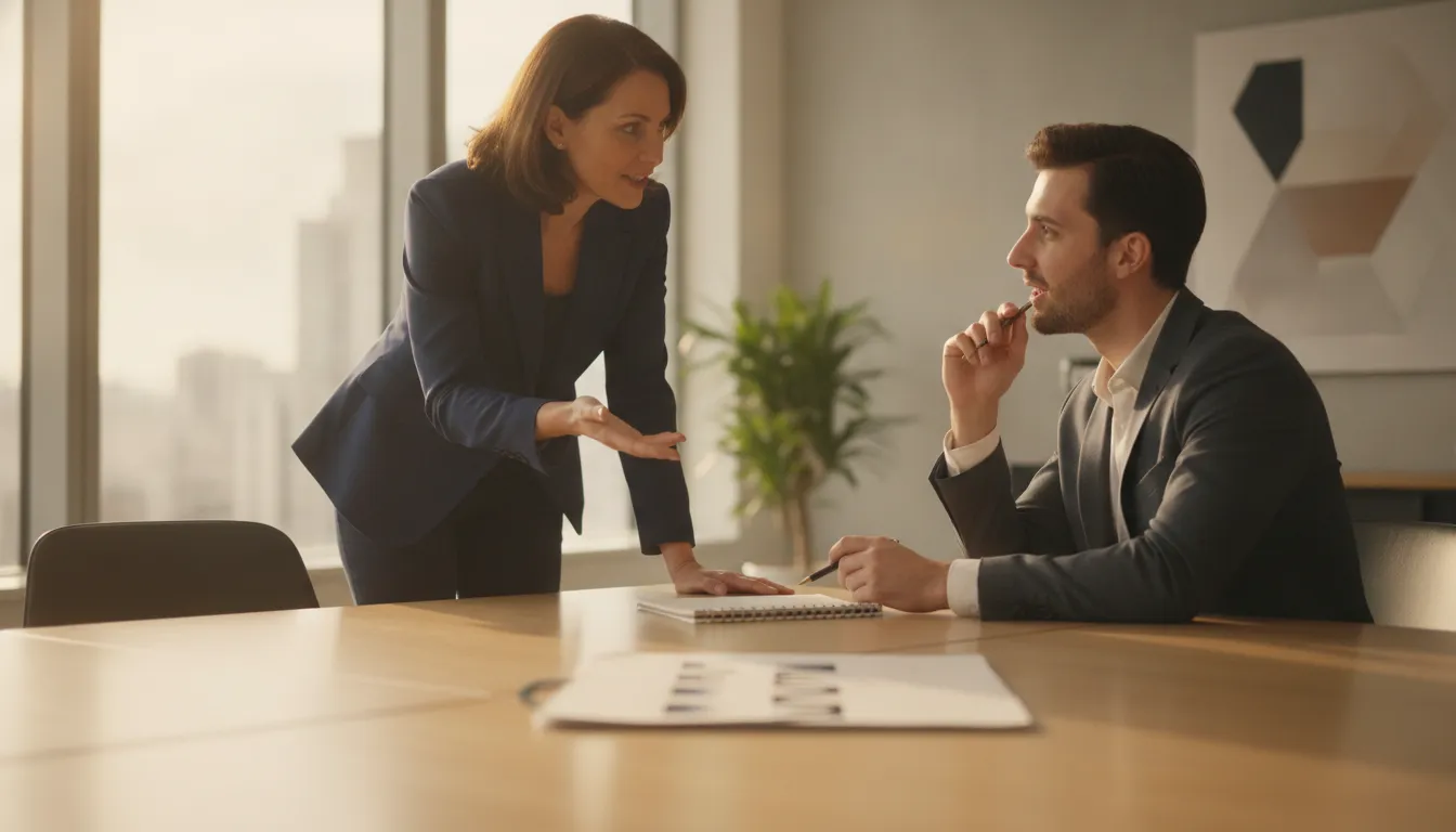 A seasoned sales practitioner coaching a seller in a live deal, with a notebook distant and blurred