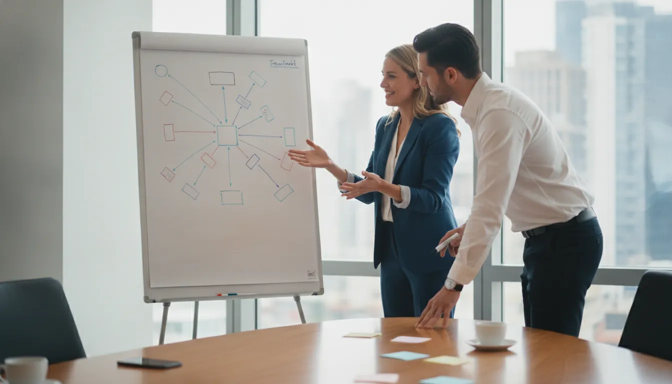 A sales enablement leader coaching a seller while reviewing deal notes in a modern office