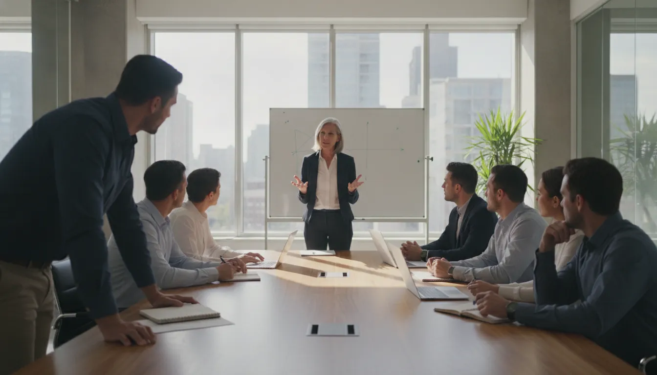 Sales coach guiding a revenue team through a strategy session in a modern office