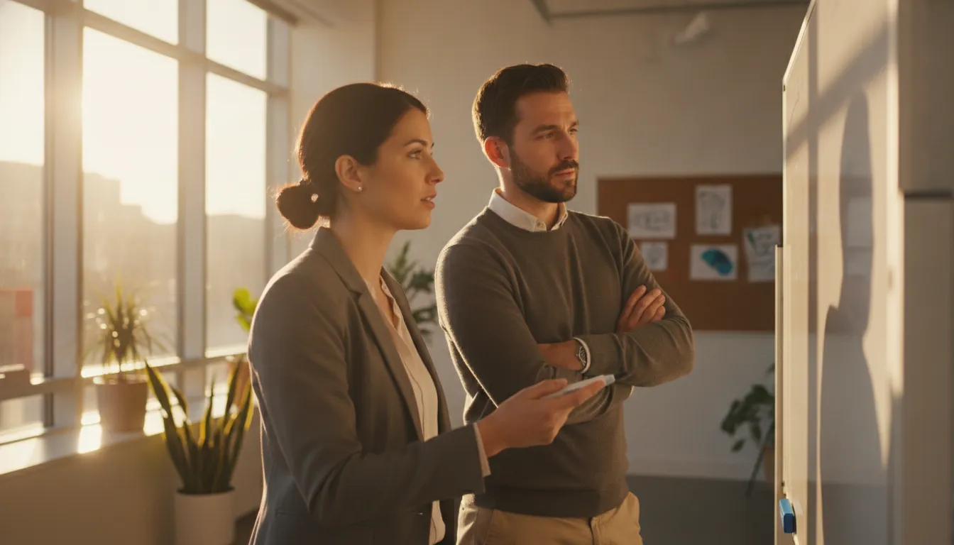 Two sales leaders reviewing the next qualification question at a whiteboard during a strategy session