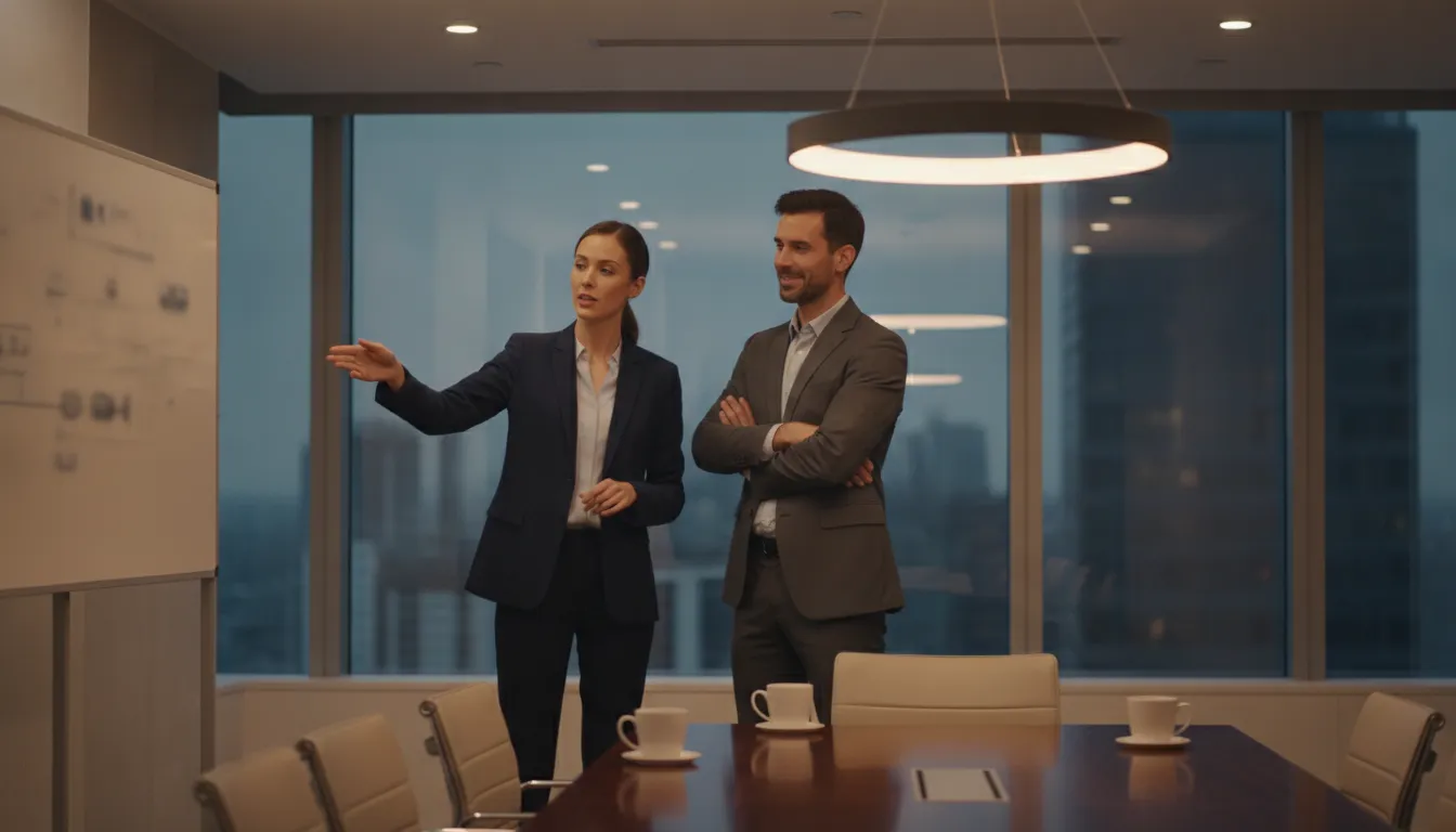 Two sales leaders discussing a customer strategy in a modern boardroom