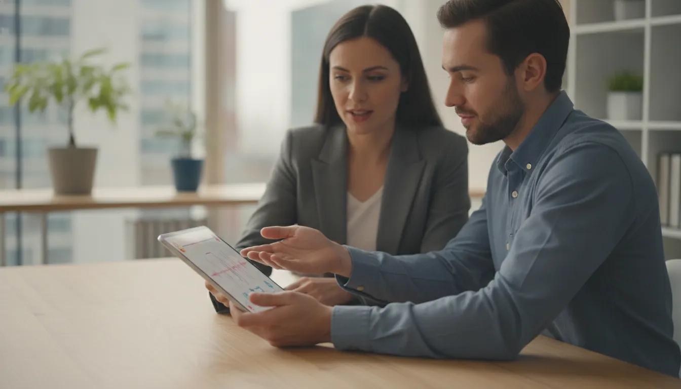 A sales manager coaching a seller through a customer opportunity at a shared desk