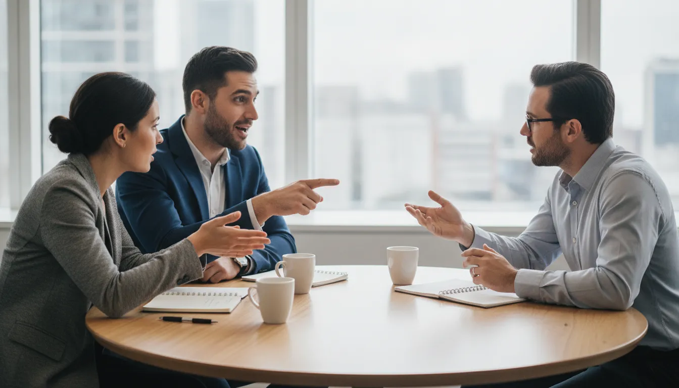 Sales leaders discussing a MEDDPICC deal review in a conference room