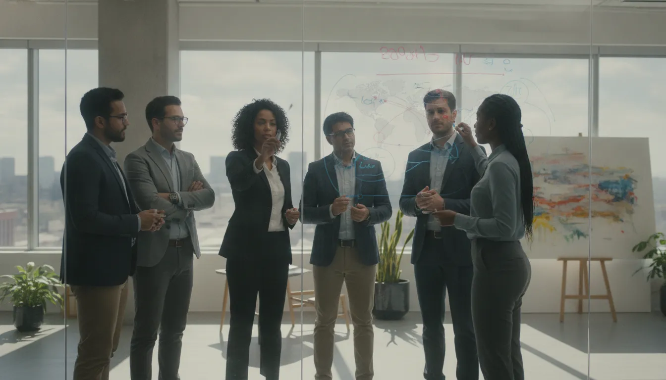 A B2B sales team collaborating around a whiteboard to map their market development strategy