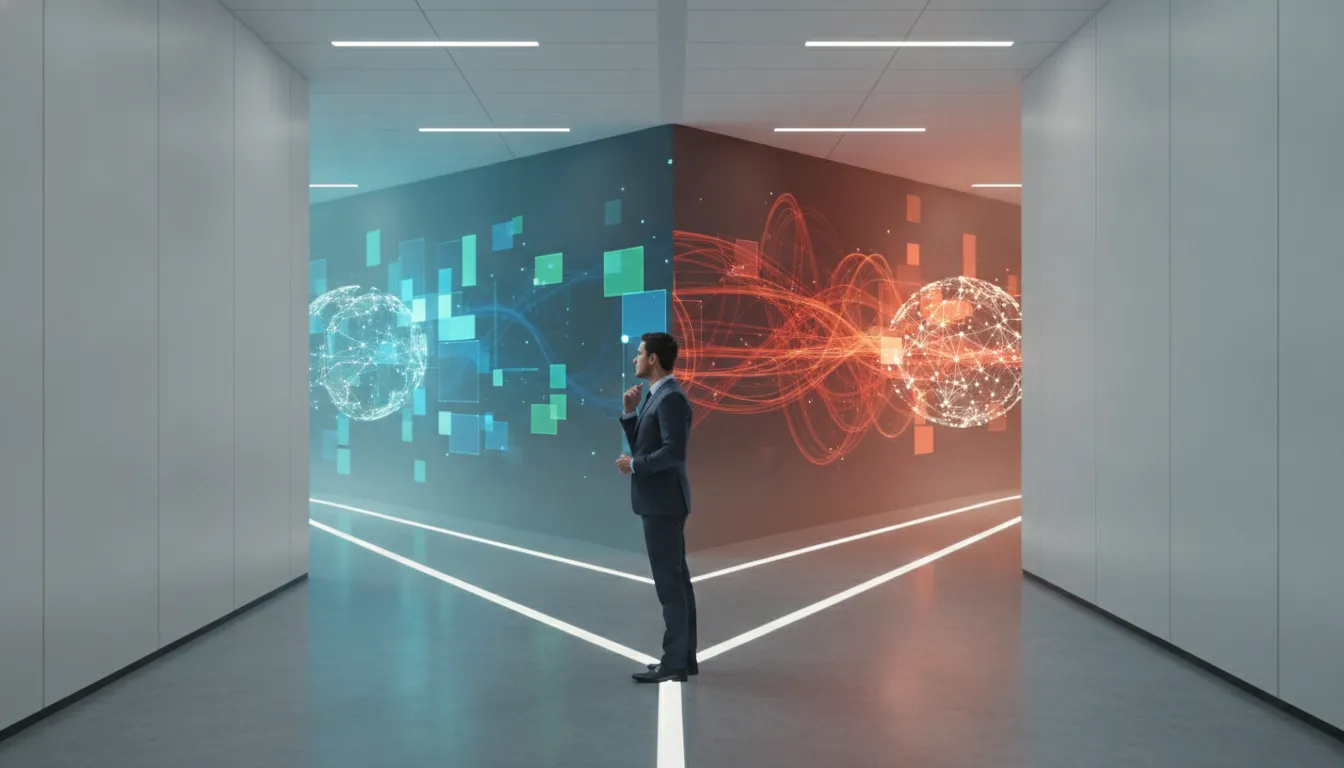 A sales executive standing at a fork in a corporate corridor, choosing between expanding into a new market and deepening an existing one