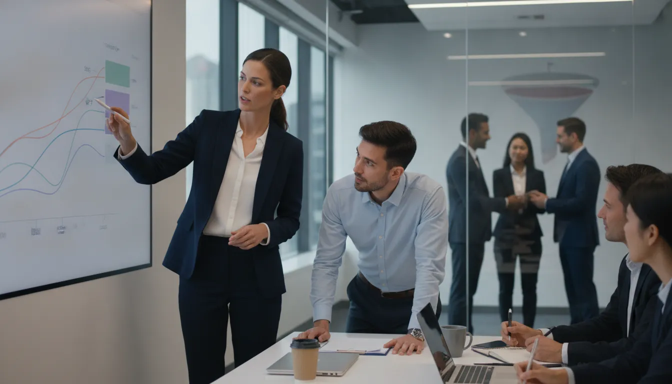B2B sales team reviewing a lead pipeline during a collaborative working session