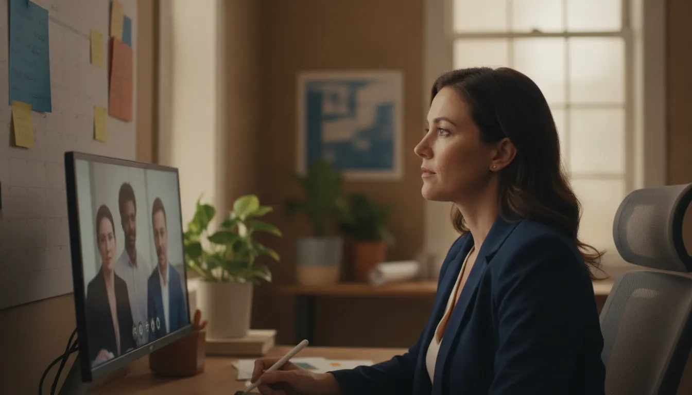 A B2B sales rep speaking with a buying committee on a video call while reviewing prospect account details