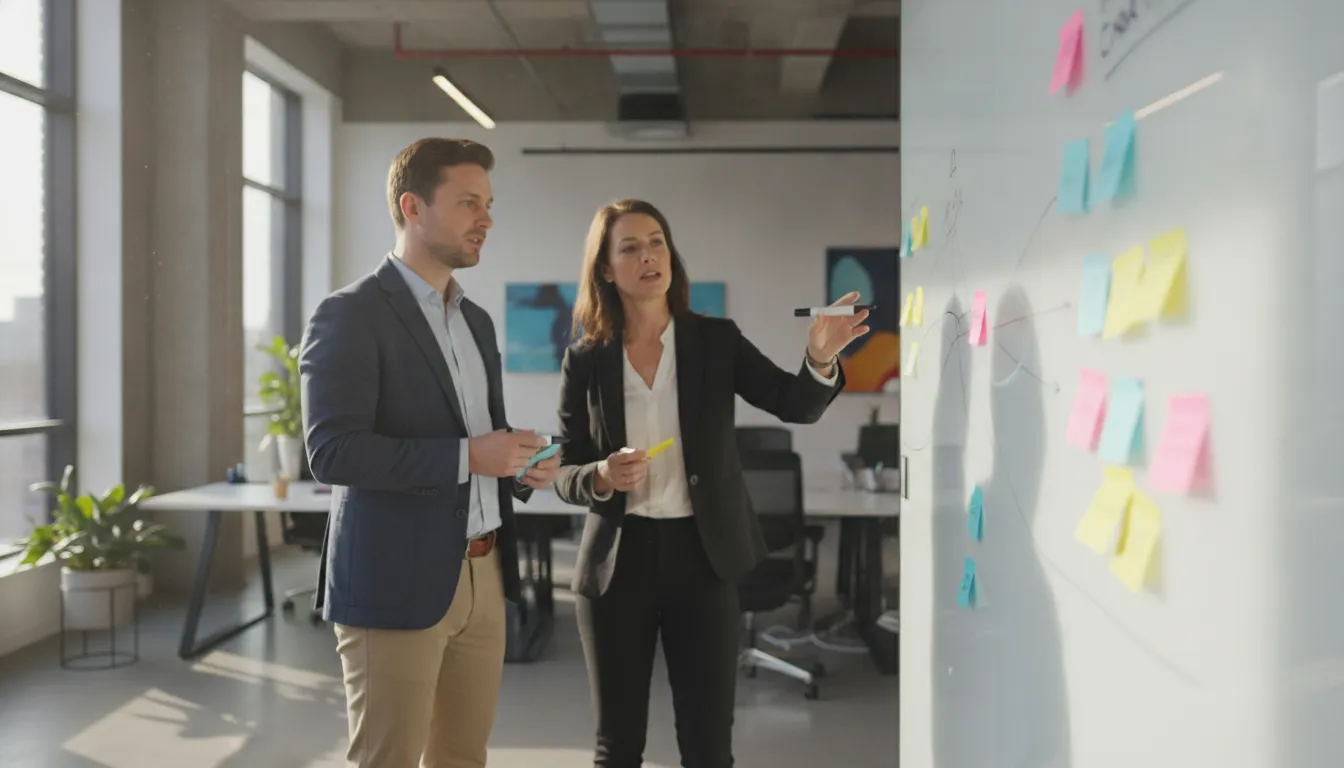 Revenue operations team collaborating on account prioritization in a bright office