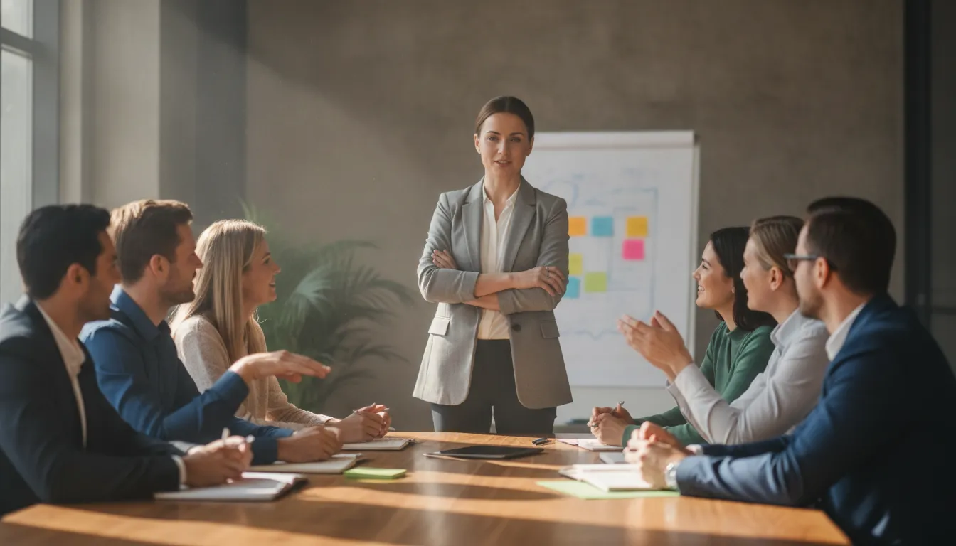 Sales enablement leader coaching a B2B sales team in a modern training room