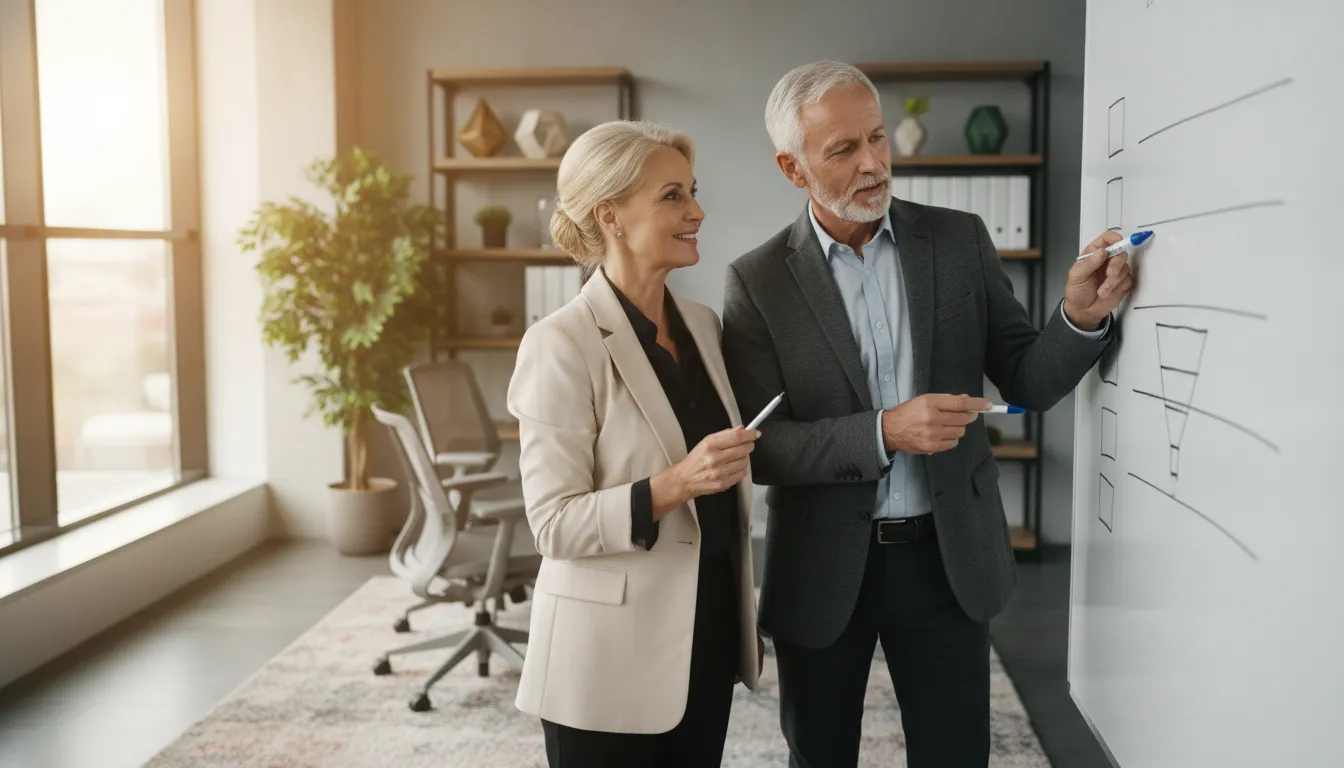 Senior B2B sales leaders reviewing a sales pipeline in a modern office