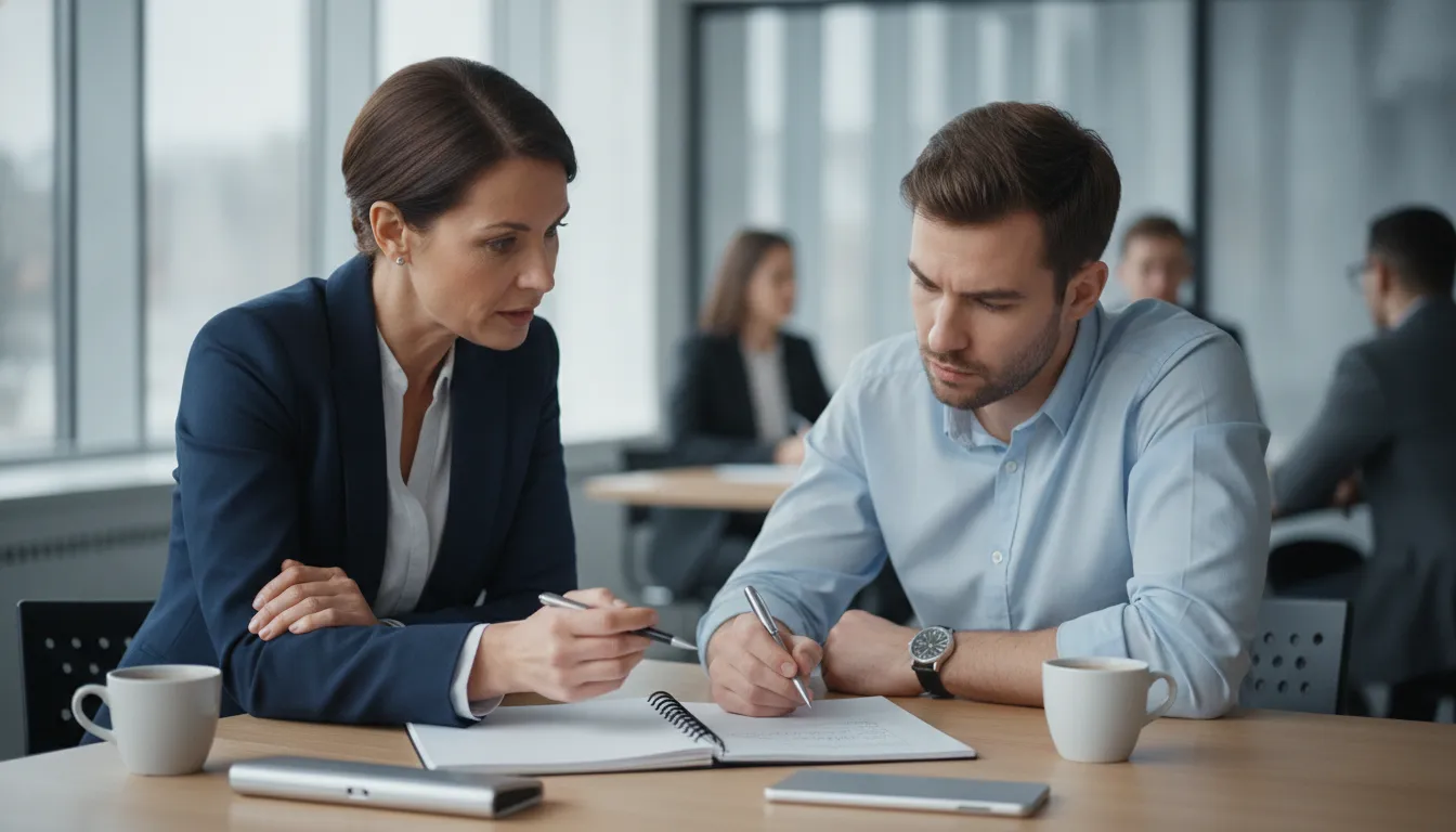 Two sales professionals reviewing coaching during a live customer conversation