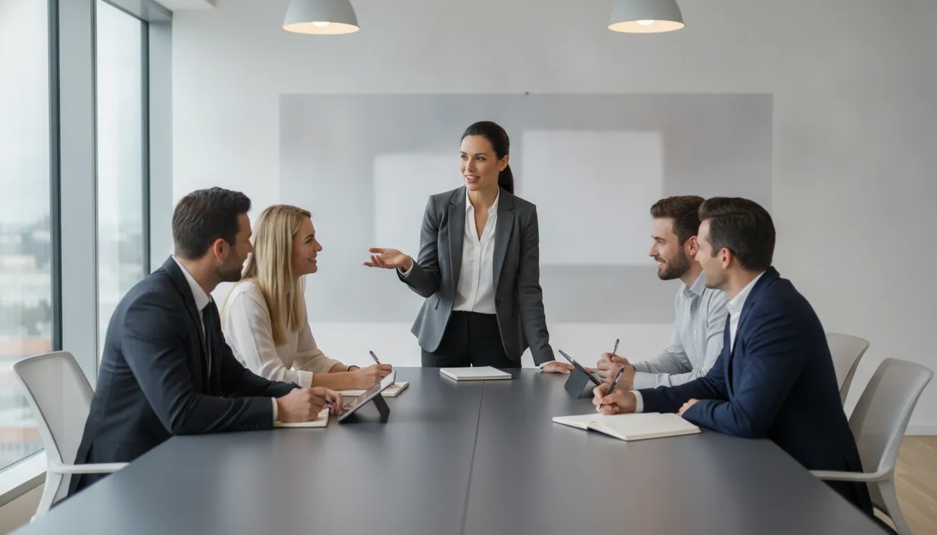 A sales enablement leader coaching a group of B2B sellers in a bright training room