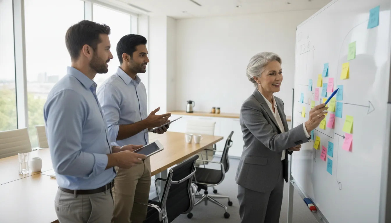 Sales leadership team planning a go-to-market strategy around a whiteboard