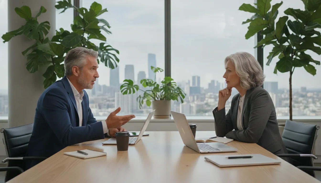 Two senior B2B technology sales and revenue leaders discussing a go-to-market strategy in a modern office