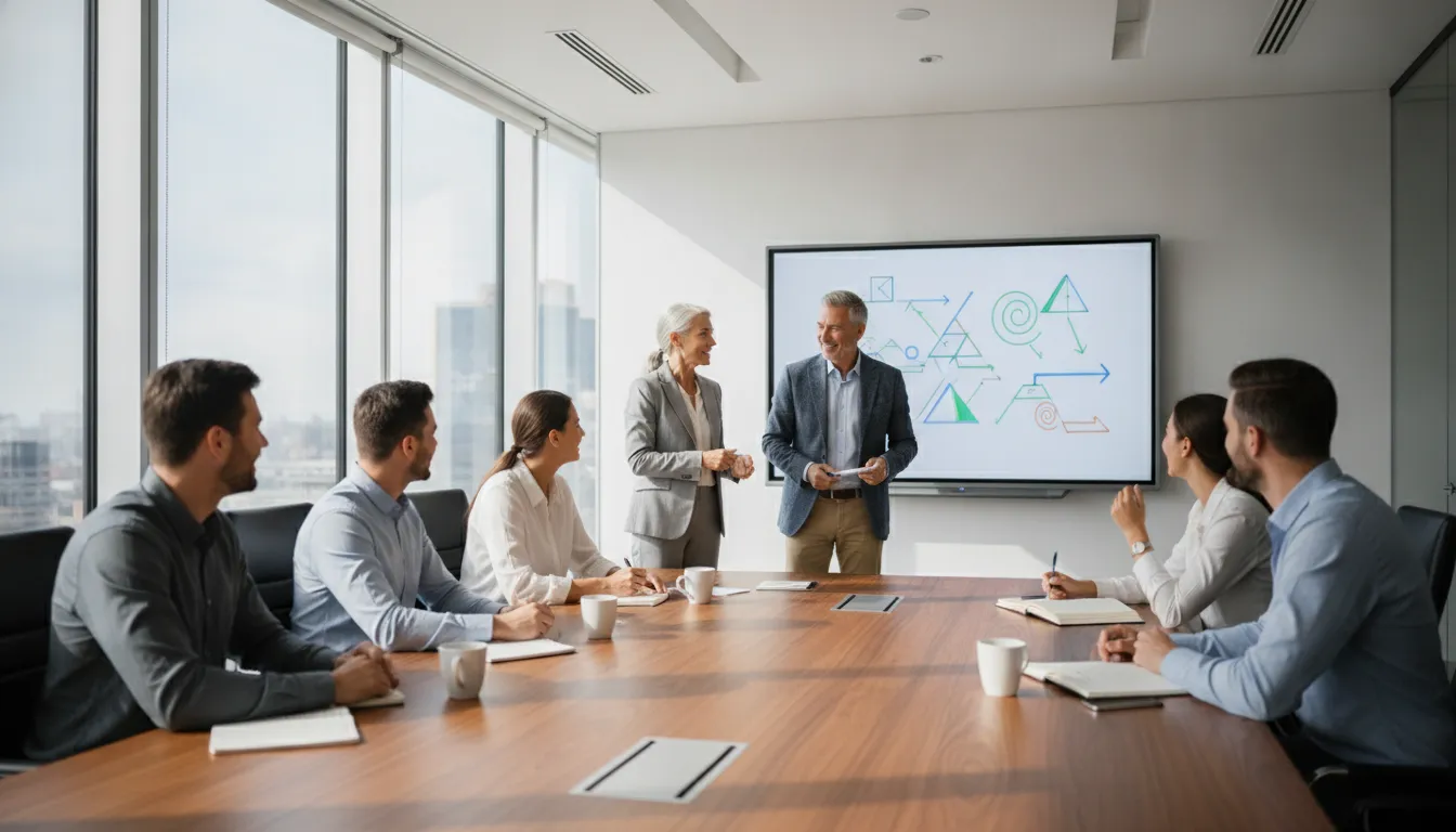 Two senior sales leaders coaching a small team of sellers in a bright modern boardroom